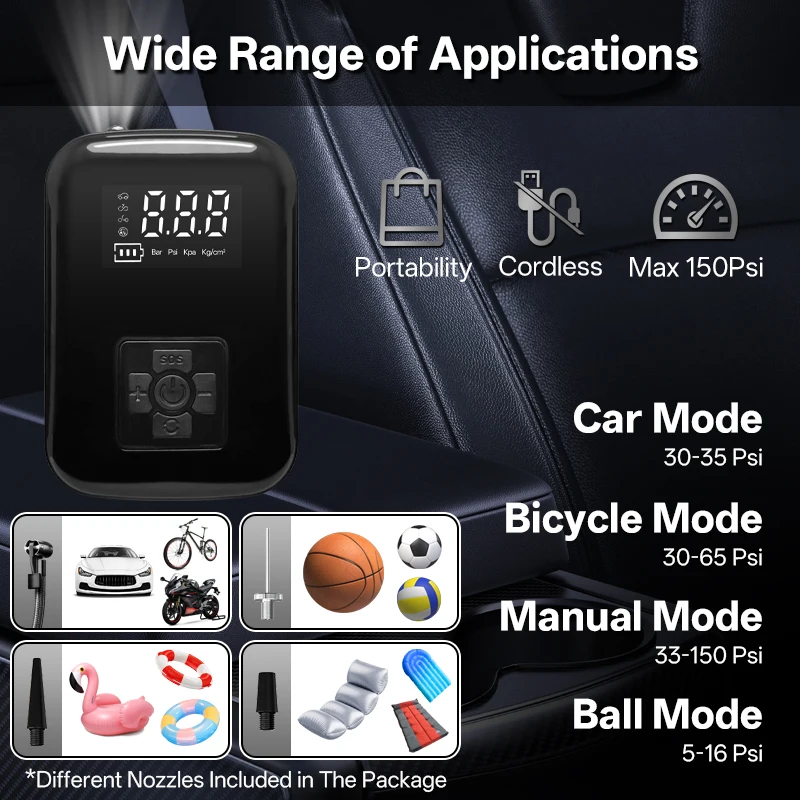 HIPPCRON Wireless Car Air Pump Electric Portable Tire Inflator Intelligent Digital Tire Inflator for Car Motorcycle Bicycle Boat