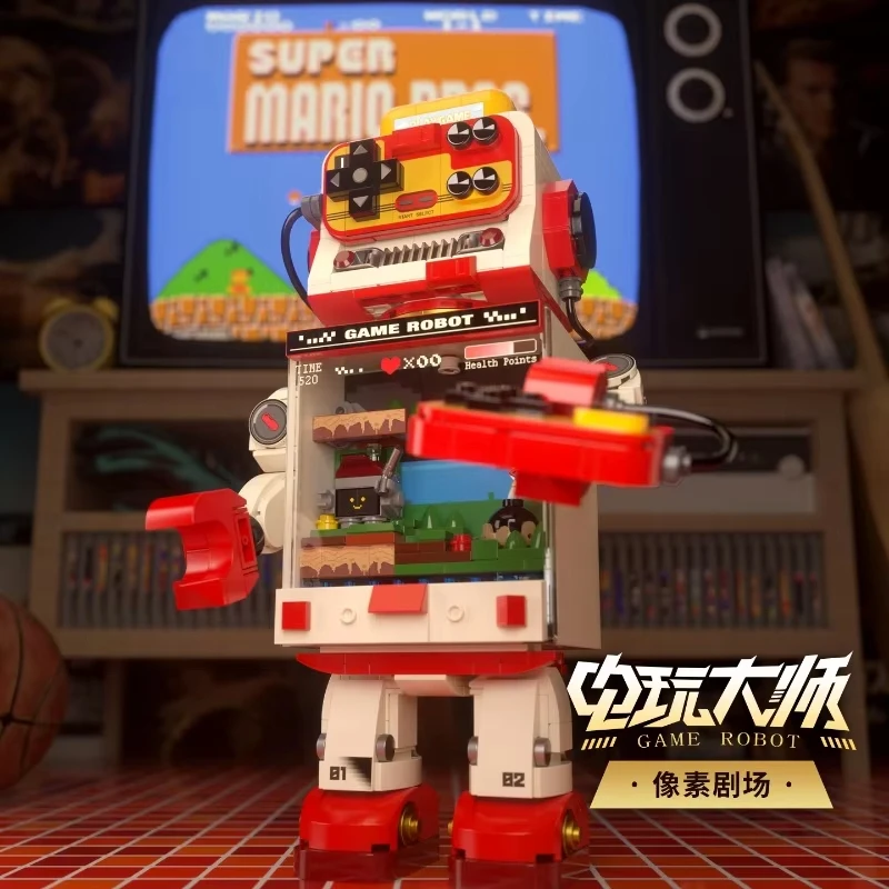 Modelo de bloco de construção mestre de jogo eletrônico, console de jogo de caixa de música de bloco de construção, presente de aniversário de brinquedo infantil