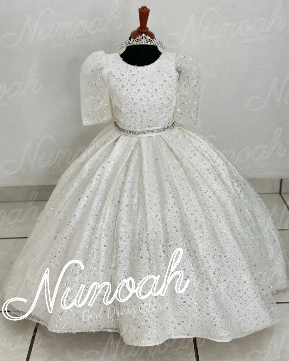 

Белые платья для девочек на свадьбу с блестящими пайетками, длинные в пол, для девочек, на день рождения, с бантом, для первого причастия, праздничные платья