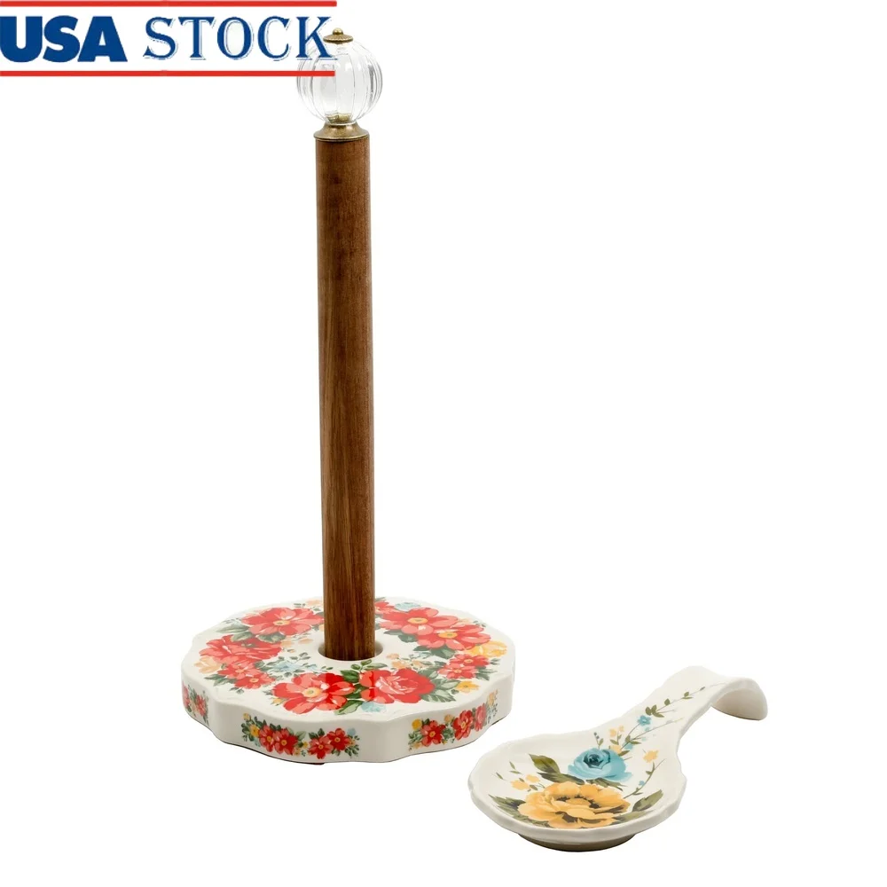 

Винтажный держатель для бумажных полотенец с цветочным принтом и подставка для ложки с розовыми тенями, набор каменных изделий из дерева акации, кухонный декор, решение для хранения