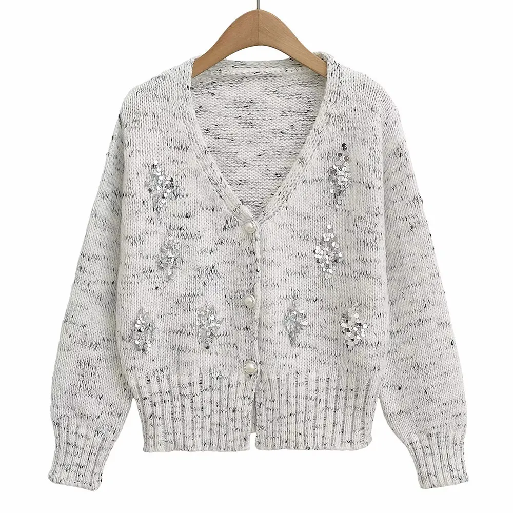 

Women's Clothing Aliexpress Ins Popular Soft and Waxy V Neck Sequin Jacket Sweater