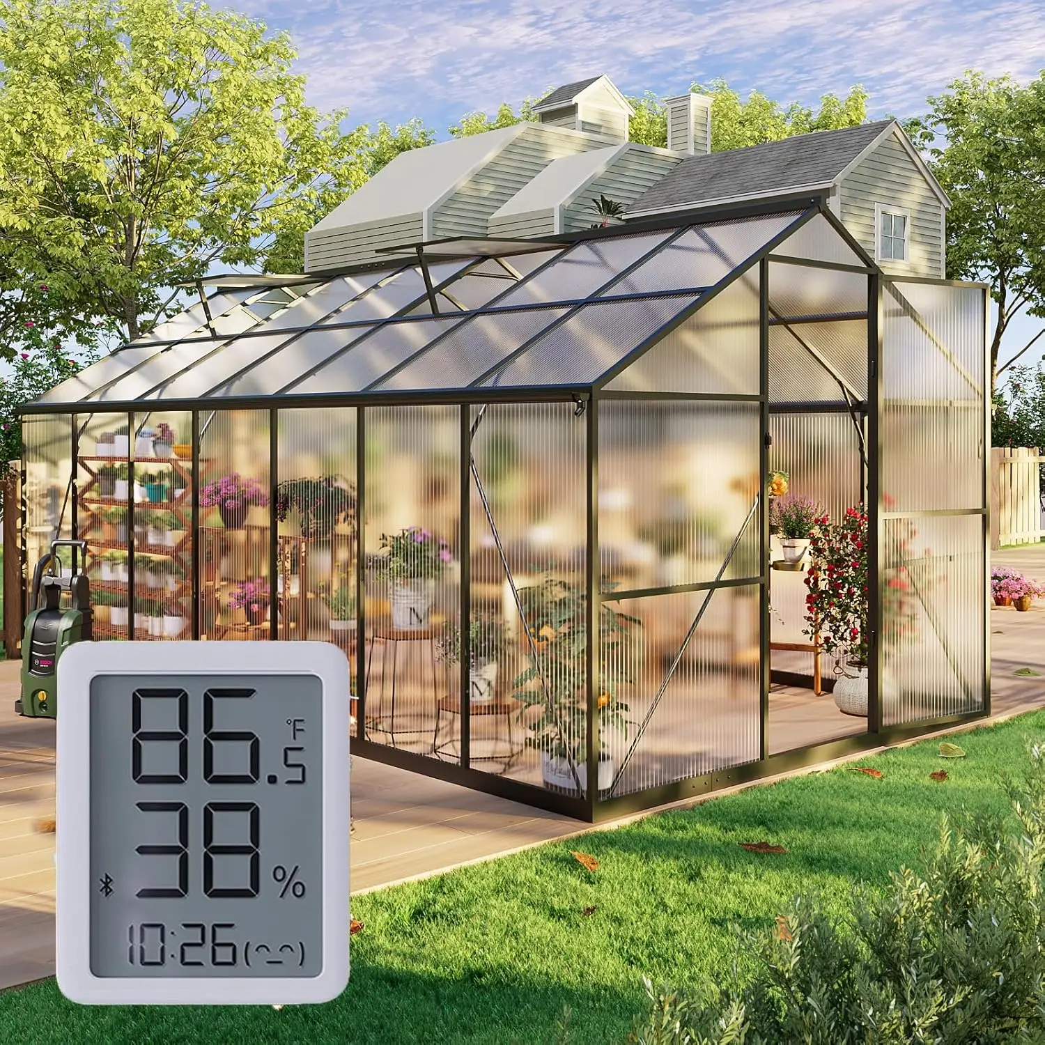 

8x14FT Walk-in Greenhouse with Hygrometer,Polycarbonate Green House with UV Protection, Heavy Duty Greenhouse with, Customized
