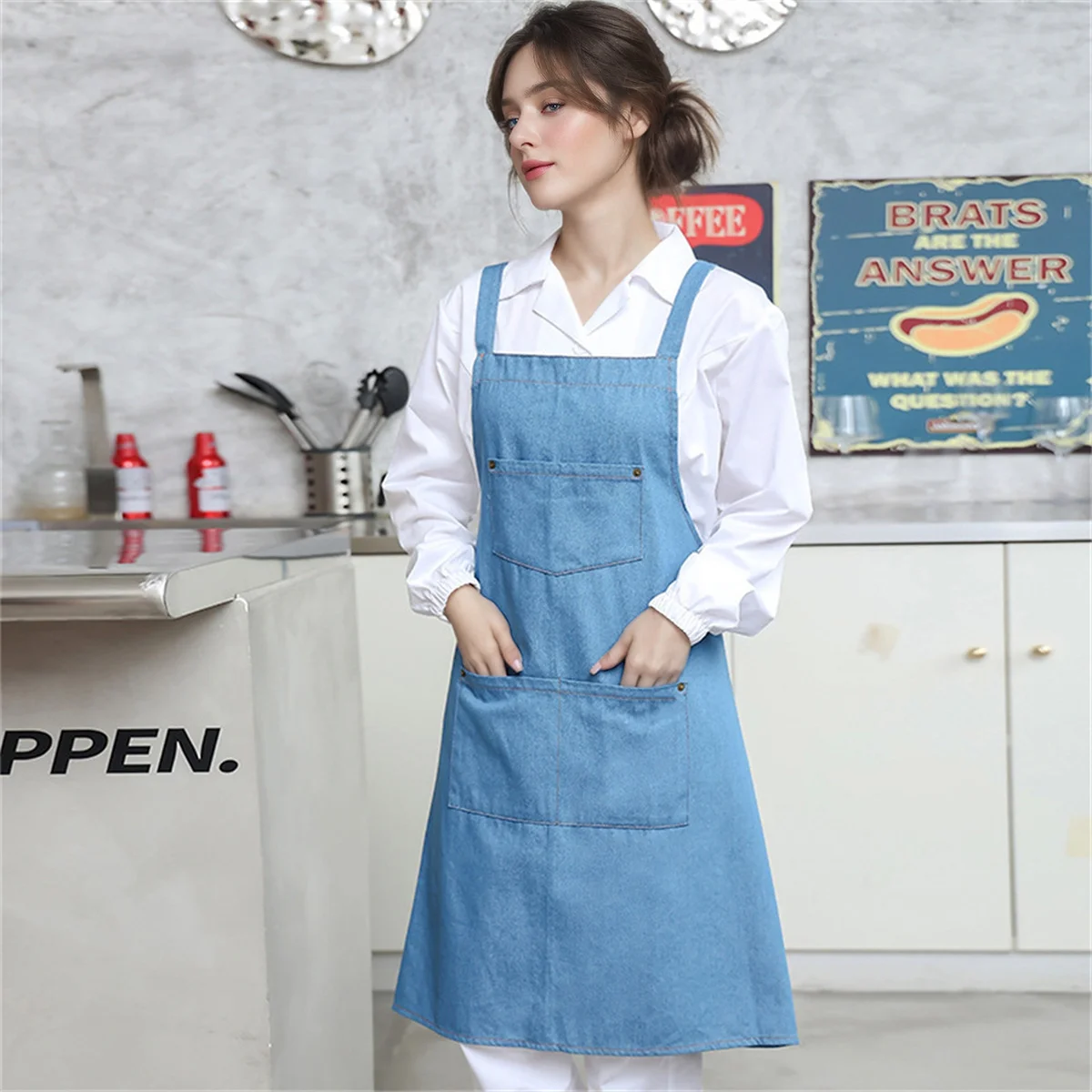 New Cooking Denim Apron Unisex Household Chef Waiter Barbecue Hairdresser Adult Pocket Apron Kitchen Supplies Tool 2025