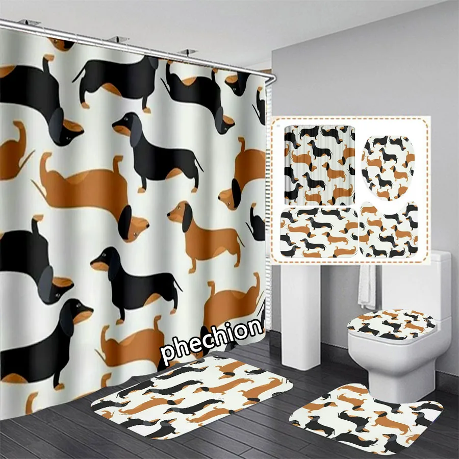 3D Print Dachshund Shower Curtain Waterproof Bathroom Curtain Anti-slip Bath Mat Set Toilet Rugs Carpet Home Decor  VC03