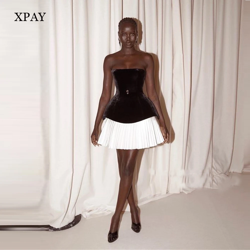 

XPAY Classic Black White Velvet Short Party Dresses African Women Strapless Mini Cocktail Dress Corset Back Prom Evening Dress