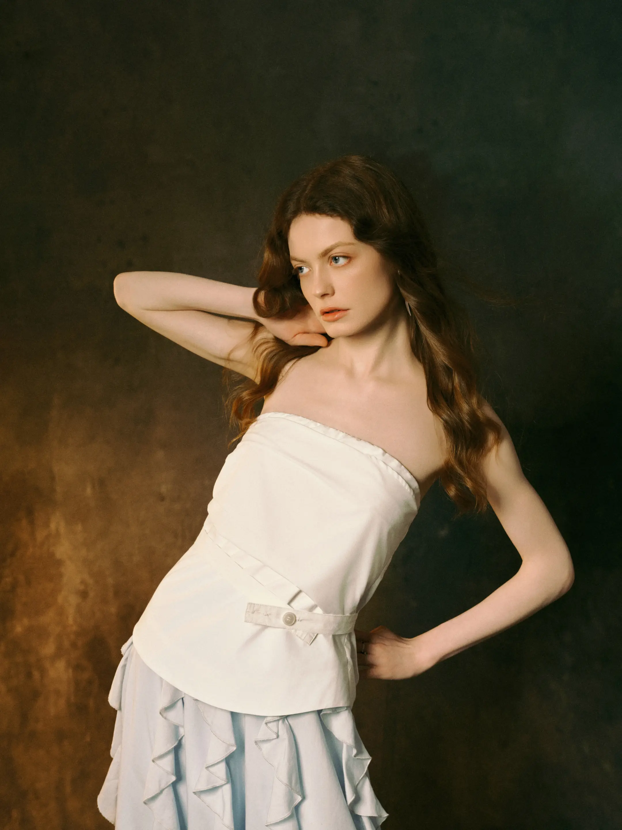 

INGE Geometric Pure White Asymmetrical Pleated Slim Fit irt Bustier Button up Women's Faion Summer Original Design Modal