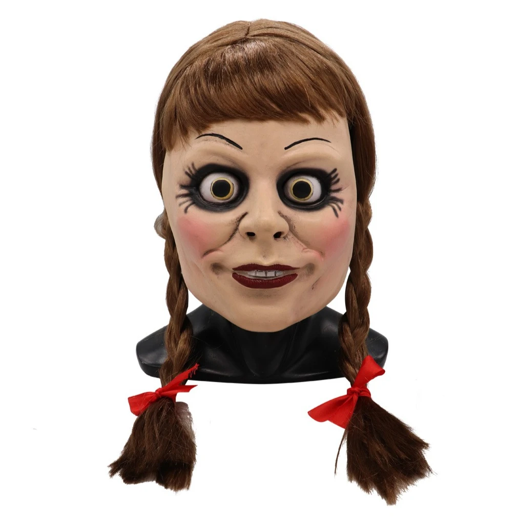 Halloween Scary Doll Latex Mask, Full Puppet Headgear with Red Bow & Twin Braids for Haunted House Thrilling Cosplay Props