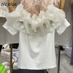 Neploe Korean Chic Simple All-match T-Shirts Slash Neck Diamonds Gauze Patchwork Tops Solid Color Ruffles Short Sleeve Tees