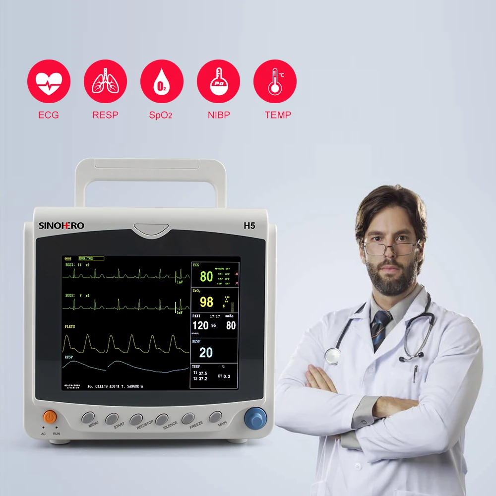 SINOHERO H5 Protable Patient Monitor with Printer 8'' Color LCD Display Multi-parameters SpO2 PR NIBP ECG Vital Sign Monitor