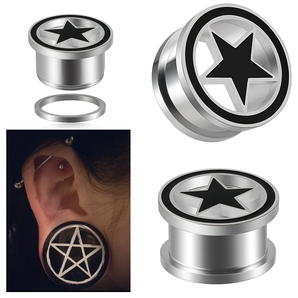 PAIR Black Five Star Ear Gauges Ear Tunnel Plugs Expanders Stainles Steel Star Screw Earrings Plugs Piercing Body Jewelry