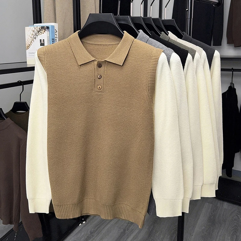 High end luxury knitted long sleeve T-shirt men's autumn winter fashion personalized splicing design Korean casual lapel sweater