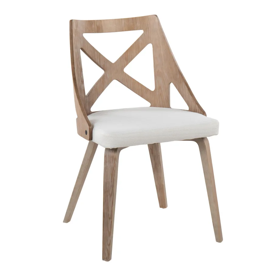 Chair in White Washed Wood and Cream Noise Fabric - Set of 2 Upholstered Dining Living Room Kitchen Chairs