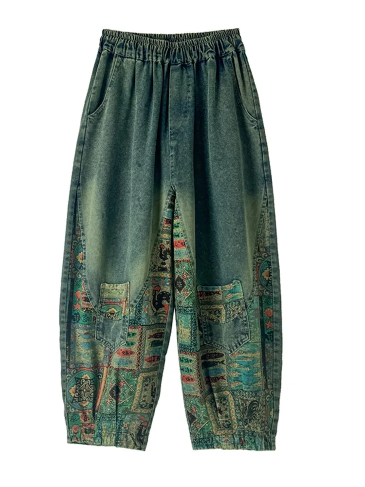 Oversized Jeans Summer Pant Women Geometric Print Retro Fashion Ladies Trousers Loose Elastic High Waist Woman Harem Pants