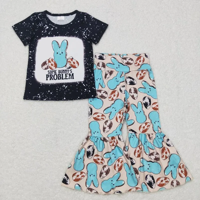 

New rts easter western style baby girls outfits wholesale boutique bunny print tops easter egg pattern bell pants girls clothing