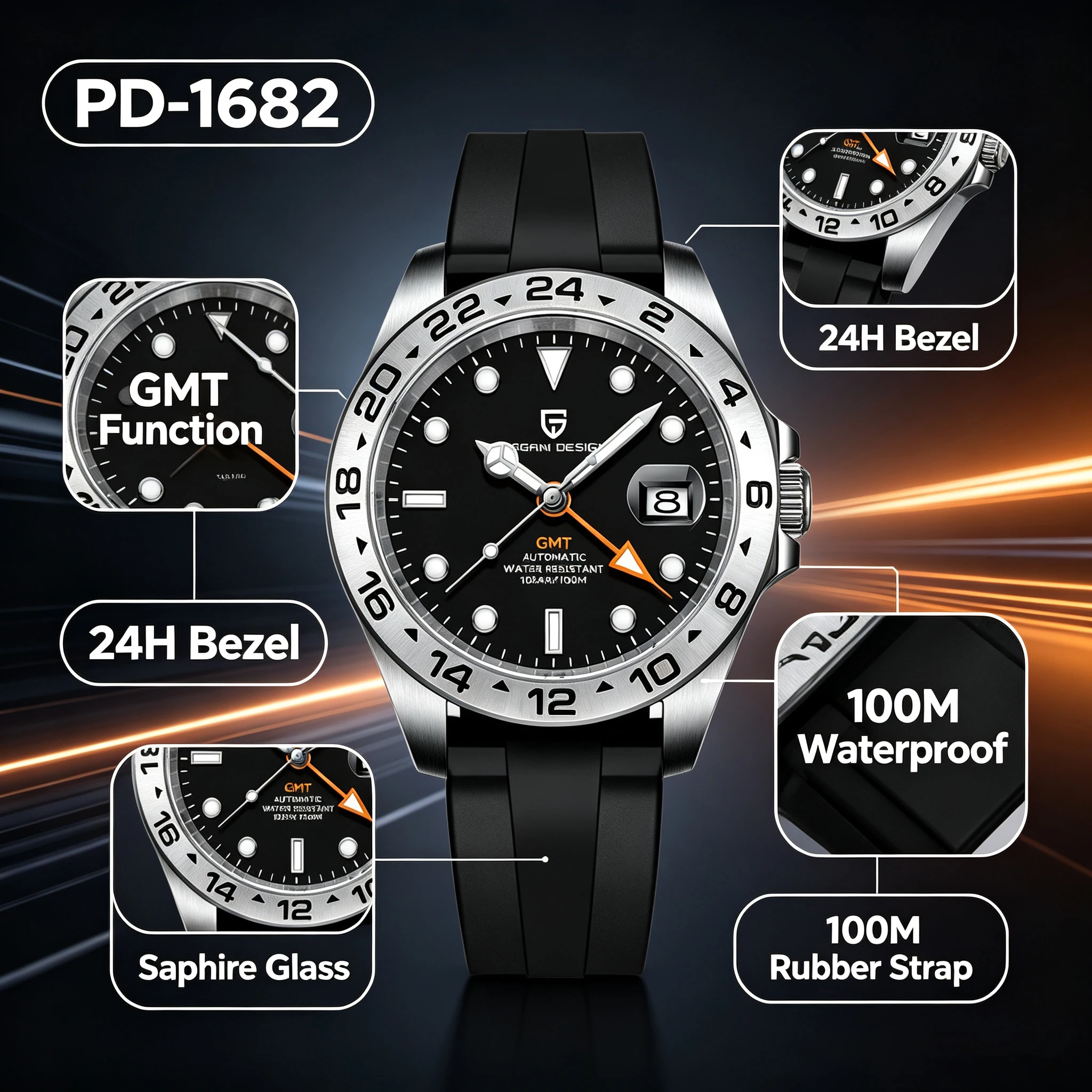 PAGANI DESIGN Automatic GMT Watch DG5833GMT Movement Rubber Strap 100M Waterproof Luminous Men Sports Mechanical Wristwatch view 5