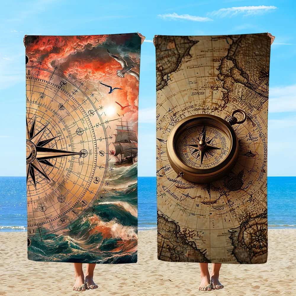 Compass Map Voyage Mobile Cell Towel Beach Oversized Soft Ultra Absorbent Quick Drying Large Pool Travel Camping Bathroom