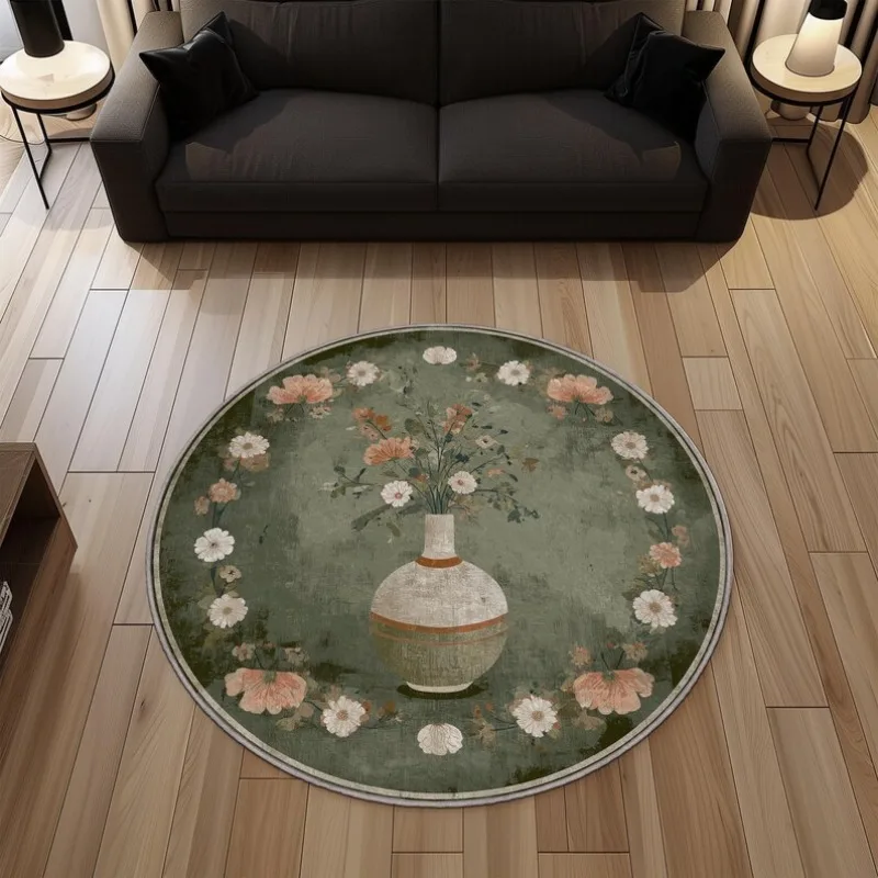Simple Chinese Style Round Carpet with Retro Floral Print – Non-Slip Decorative Rug for Living Room, Bedroom or Dressing Area