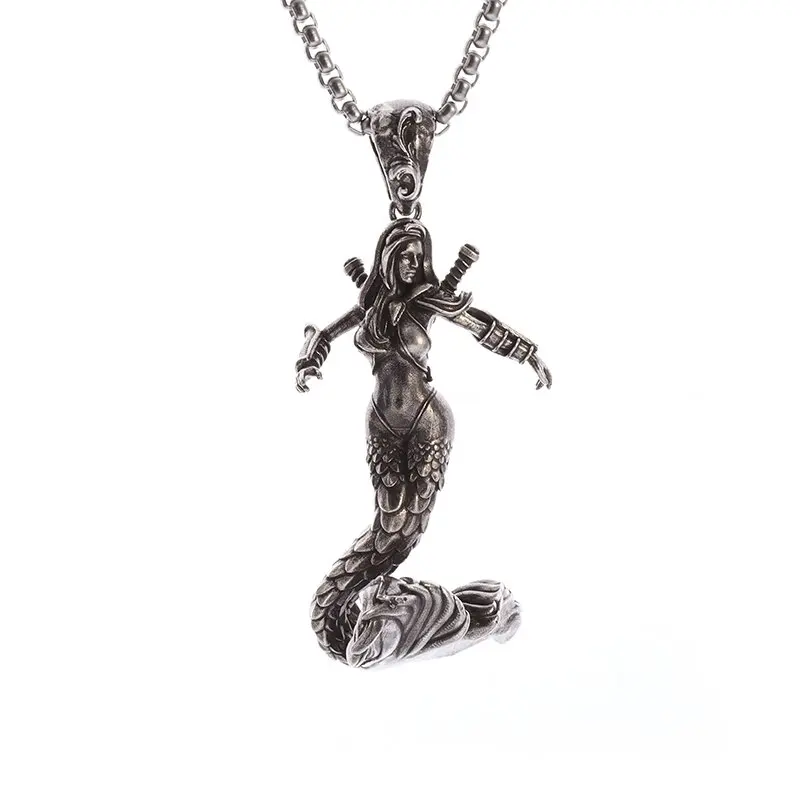 Mermaid Pendant Ocean God of War Necklace Personality Suitable for Men and Women Couple Necklace Punk Jewelry Anniversary Gift