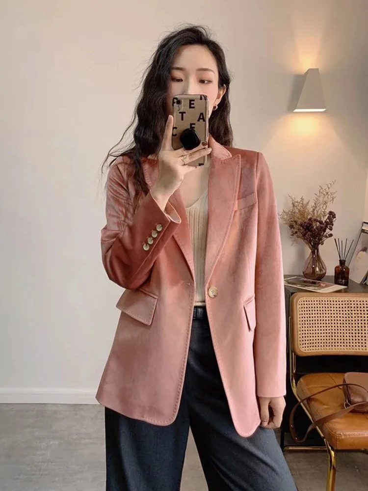 

Винтажный бархатный элегантный пиджак женский тонкий с длинным рукавом милый дизайн костюм пальто корейский ретро женский розовый универсальный пиджак новый