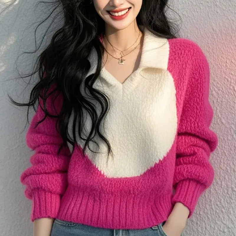 

Корейский модный уникальный женский свитер-пуловер на весну-осень, розово-красный, с контрастным воротником-поло, свободный, плотный, вязаный