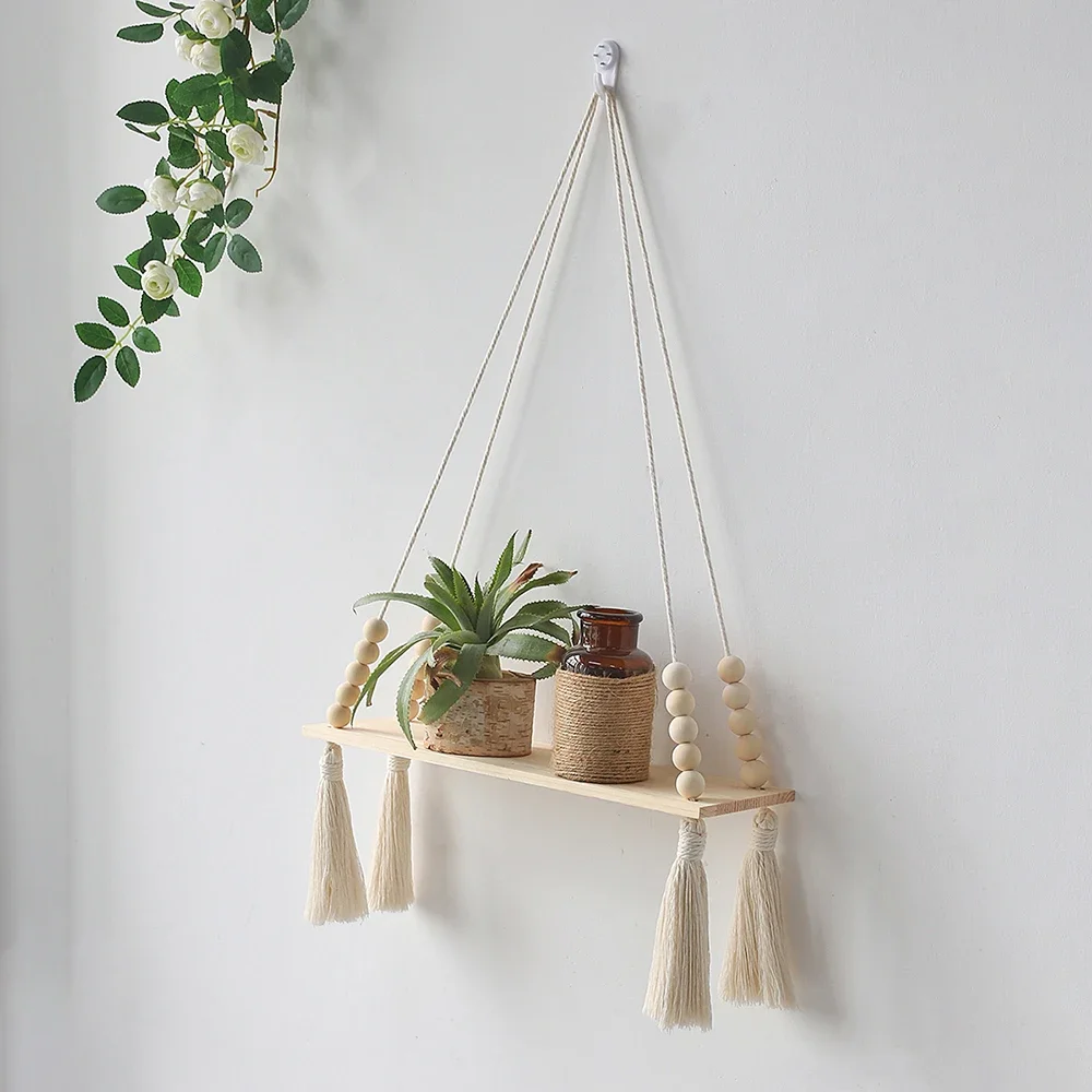 Macrame Wall Shelf Boho Home Decor Shelves On Wall Candle Holder Floating Shelf for Bedroom Wood Decoration Kids Shelving