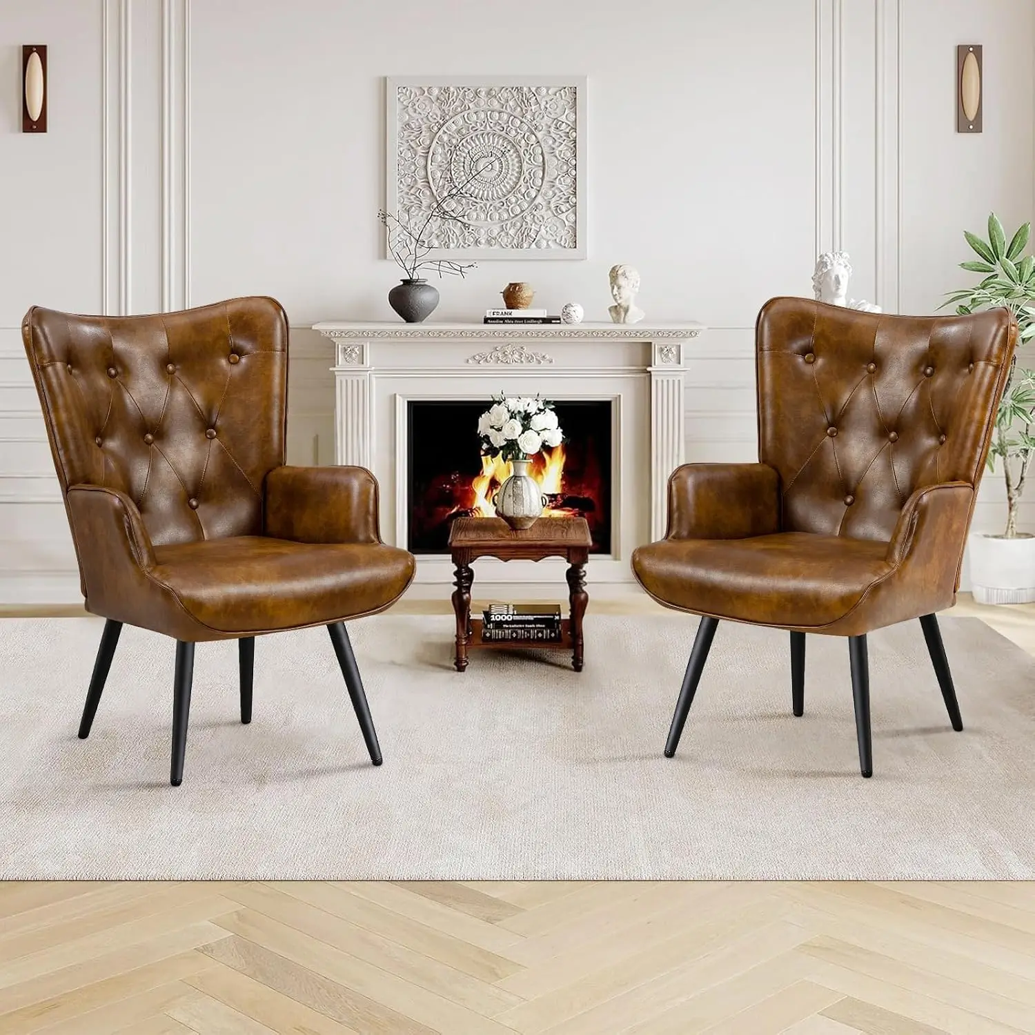 PU Leather Accent Chair for Living Room, Upholstered Reading Chair with High Backrest, Tufted-Button Wingback, Customized