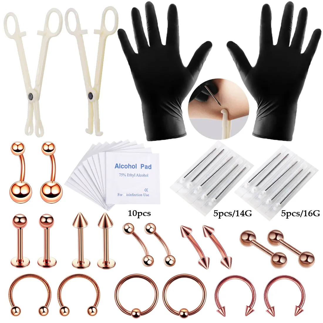 Tattoo piercing tool set, 42 pieces, lip studs, eyebrow studs, umbilical rings, full body piercing