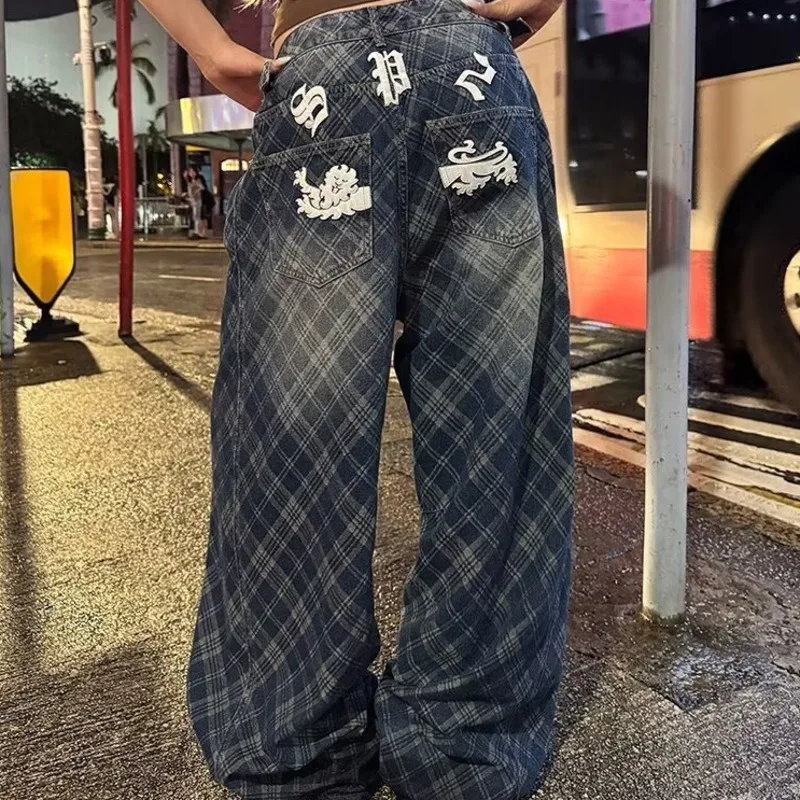 ANJY Spring Autumn New Women American Style Washed Vintage Print Plaid Wide Leg Jeans Trendy Loose Casual Ins Denim Pants A15354