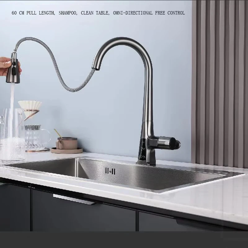 Gun Gray Induction Digital Display Pull Type Kitchen Faucet Induction Switch Hot And Cold Multifunctional Washing Basin Sink Fau