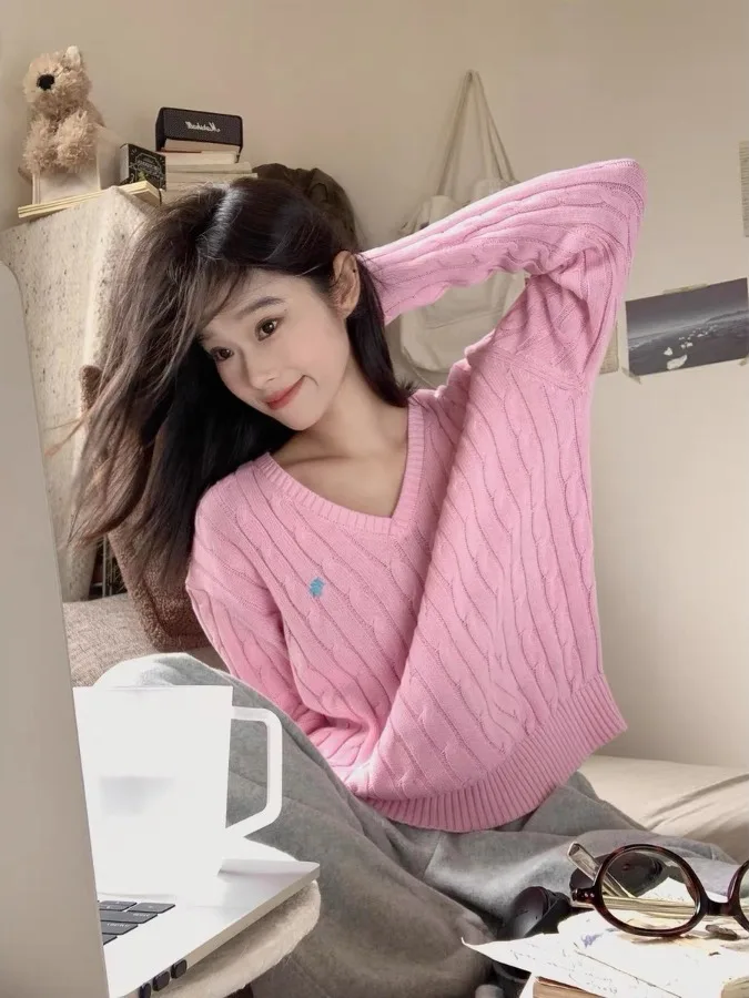 

Свободный длинный розовый свитер крупной вязки с узором косы, осенне-зимний, новый, мягкий, в корейском стиле, для повседневной носки, из хлопка.
