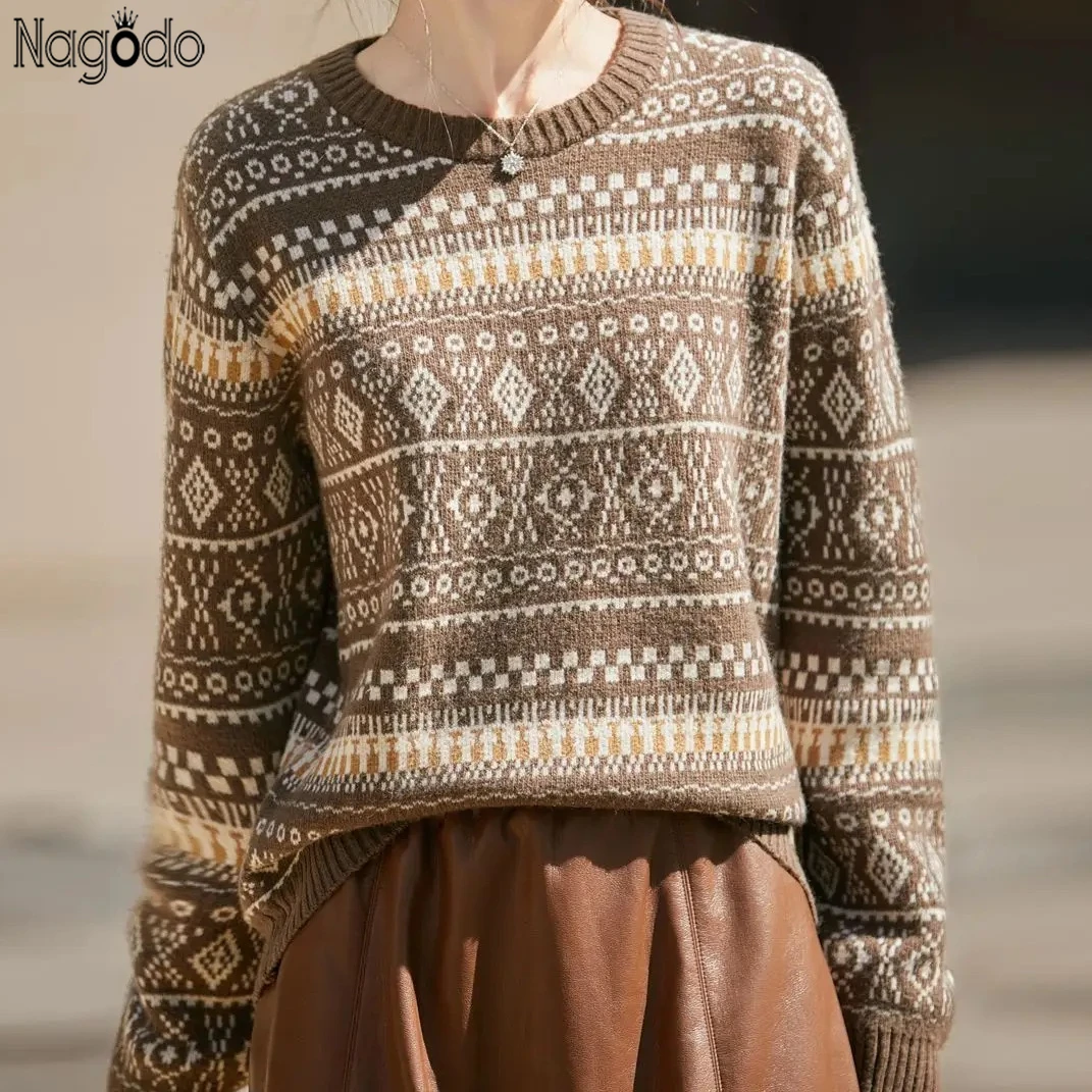 

Fair Isle Retro Knitted Sweater Women's 2025 Autumn Winter Long Sleeve Pullover wool Knitwear Thickened Warm Top Loose Jumpers