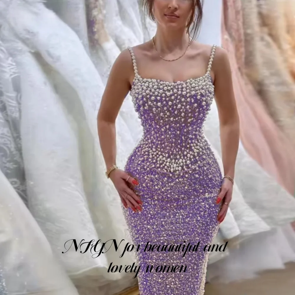 NFYN Blue Elegant Prom Dresses Gorgeous Pearl Sling Sleeveless Mermaid Evening Gown Pleating Ball Gown robe soirée Customized image 2
