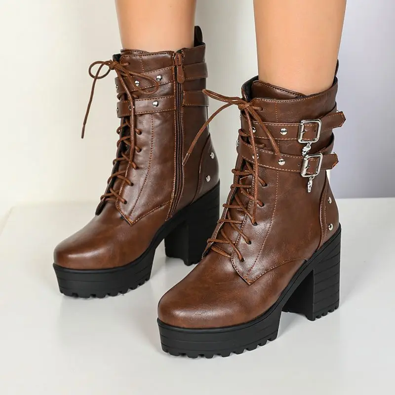 Girseaby Lady Brown Cut Out Boots Almond Toe 9cm Heel 3.5cm Flatform Side Zip Wide Size 40 41 42 43 44 Red Black