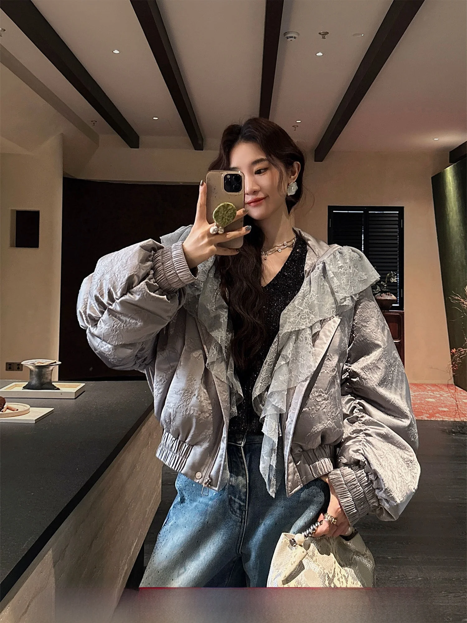 

Sanji Bla Flower New Chinese Sle ort Printed down Jaet Women's Winter Outerwear 2025 Sli Commute Sle Coat