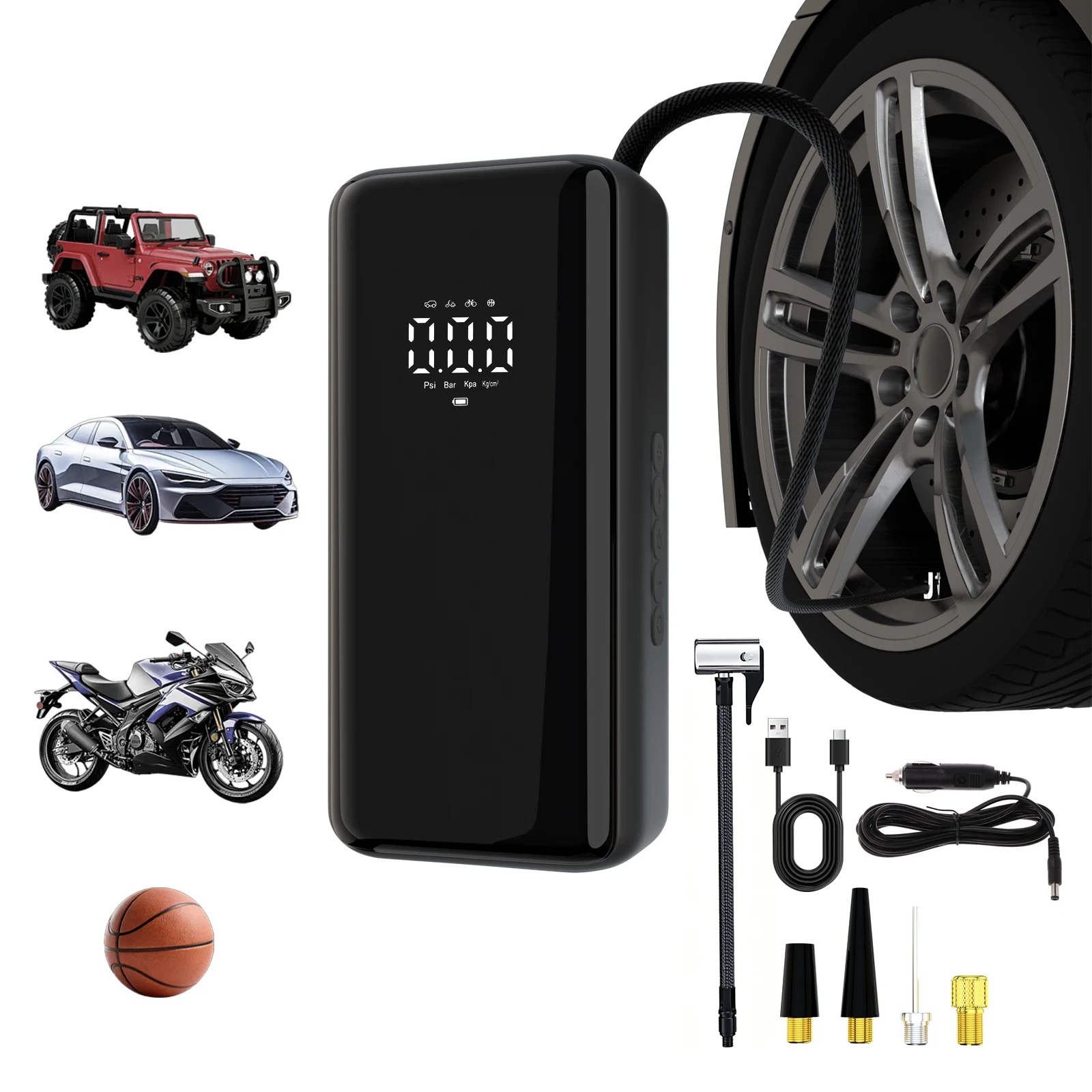 ワイヤレスポータブルカータイヤインフレータ電動エアポンプエアコンプレッサー（バイク、自転車、車のタイヤ、ボール用）照明付き