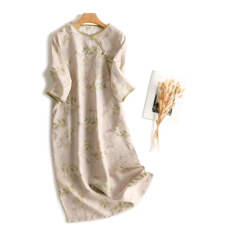 Chinese Style Women's Linen Dress Floral Print  Long Skirt Slanting Collar Cotton Linen Dress V-neck Loose Waist