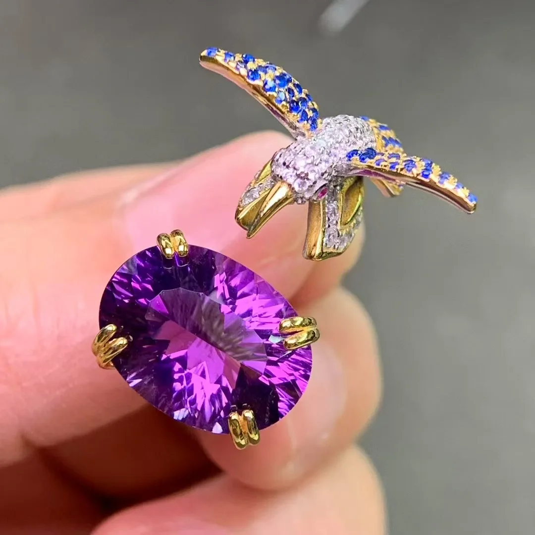 Natural Amethyst Bird Statement Ring 12x16mm 925 Silver Two-tone Plated Handcrafted Animal Cocktail Ring for Women