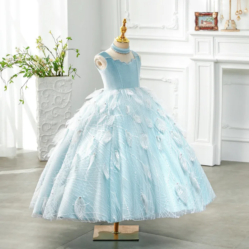 Robe de Princesse de Luxe Bleu Glacé pour ixd'Anniversaire de Fille, Tenue de Bal avec Bijoux, Costume de Concours pour Enfants