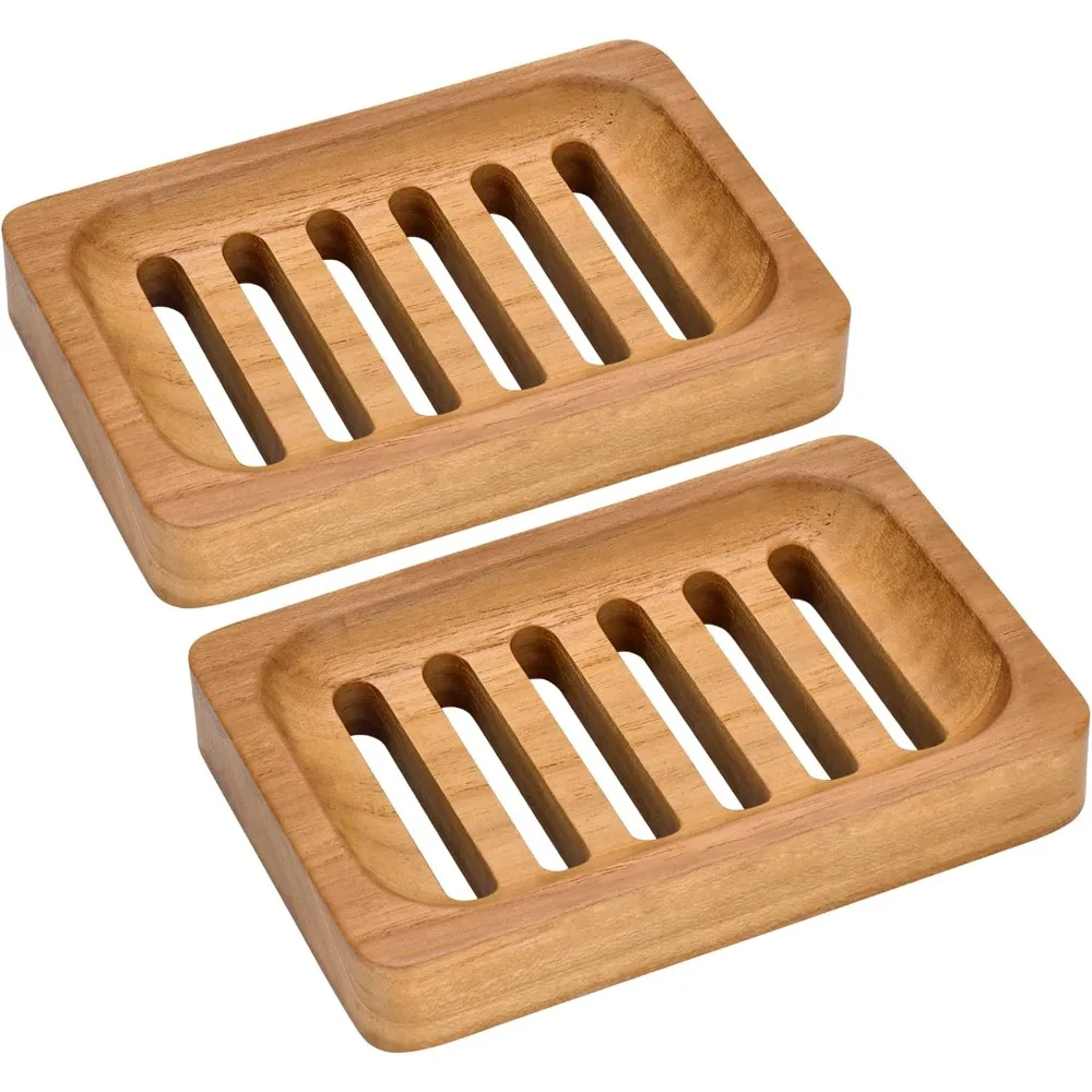 Teak Wood Soap Dish, 2 Pack Waterproof Self Draining Soap Dish - Natural Wooden Bar Soap Holder for Bathroom and Kitchen