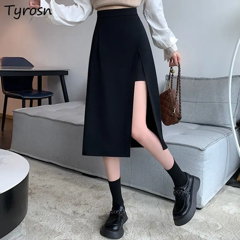 

Side Slit Black Skirts Women S-3XL Elastic Waist Irregular High Street A-line Minimalist European Hotsweet Fashion Clothes Chic