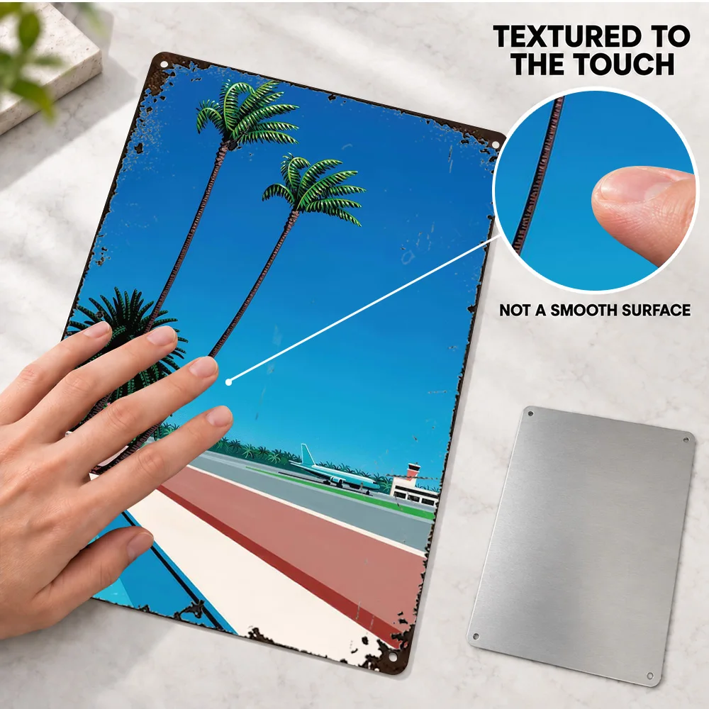 Hiroshi Nagai Palm Trees And Airplane Printed Poster Customized Aluminum Metal Sign Vector Illustration Wall Art For Living Room