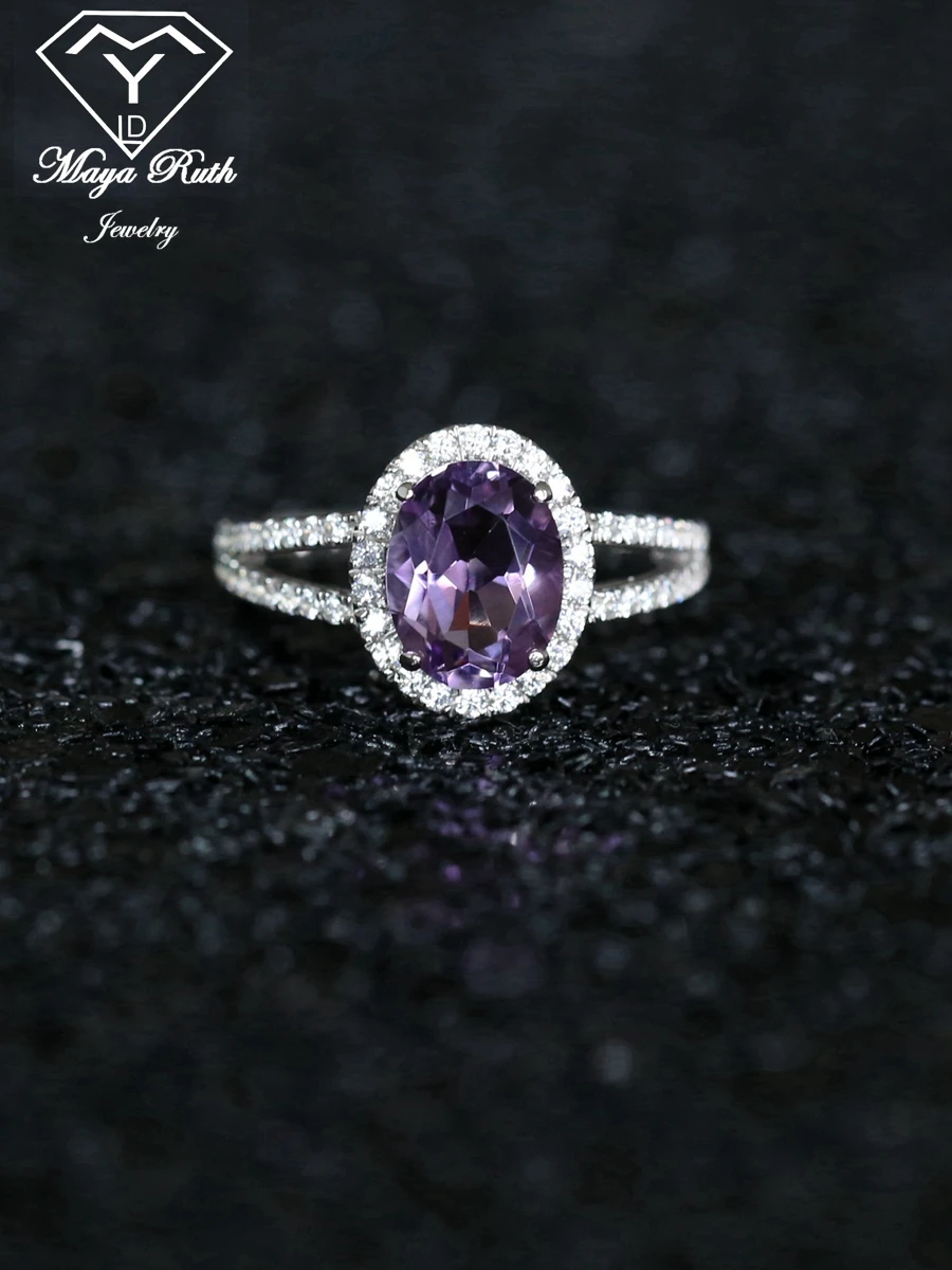 Natural Amethyst Crystal Cocktail Halo Ring For Women Purple Color Echt 925 Sterling Silver Party Anniversary Gift Female Oval