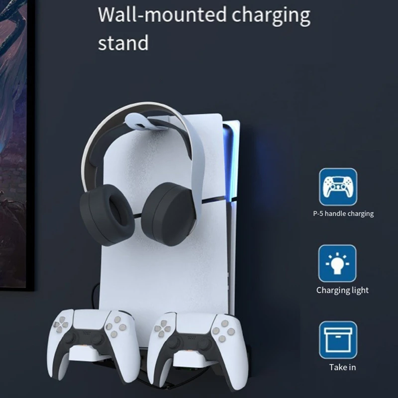 JABS Wall Mount Bracket Console Stand For PS5 Slim, Playstation 5 Controller Charging Dock Station Vertical Stand