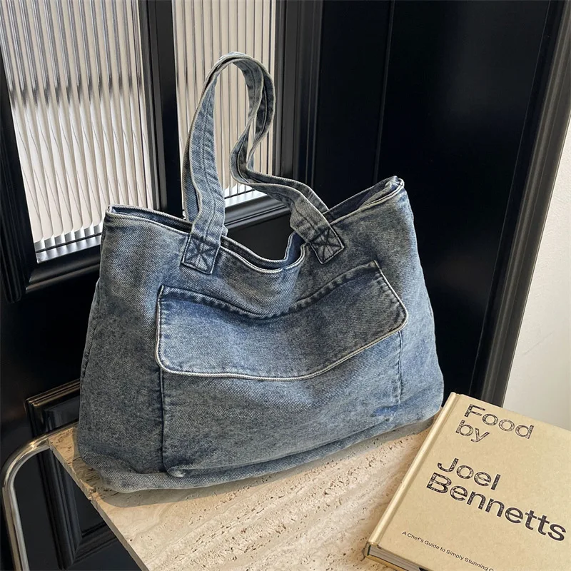 

Women's Tote Bag 2024 New Washed Denim Large Capacity Solid Color Lazy Style Commuting Crossbody Fashionable Shoulder Bag