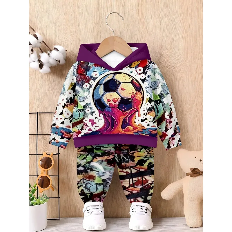 Unisex Toddler Hooded Jogger 2Pcs Tracksuit Graffiti Soccer Abstract Gradient Split Tie Dye KING Crown Print Kids Casual Outfit