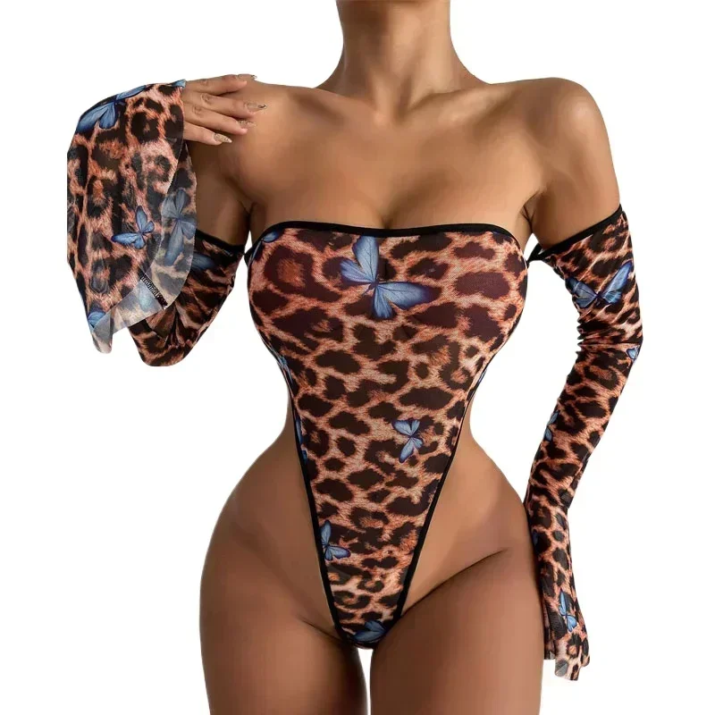 Sexy Lingerie New Sexy Underwear Leopard Print Long Sleeve Off-the-shoulder Jumpsuit Sexy Suit Women's Pajamas Lingerie Corset