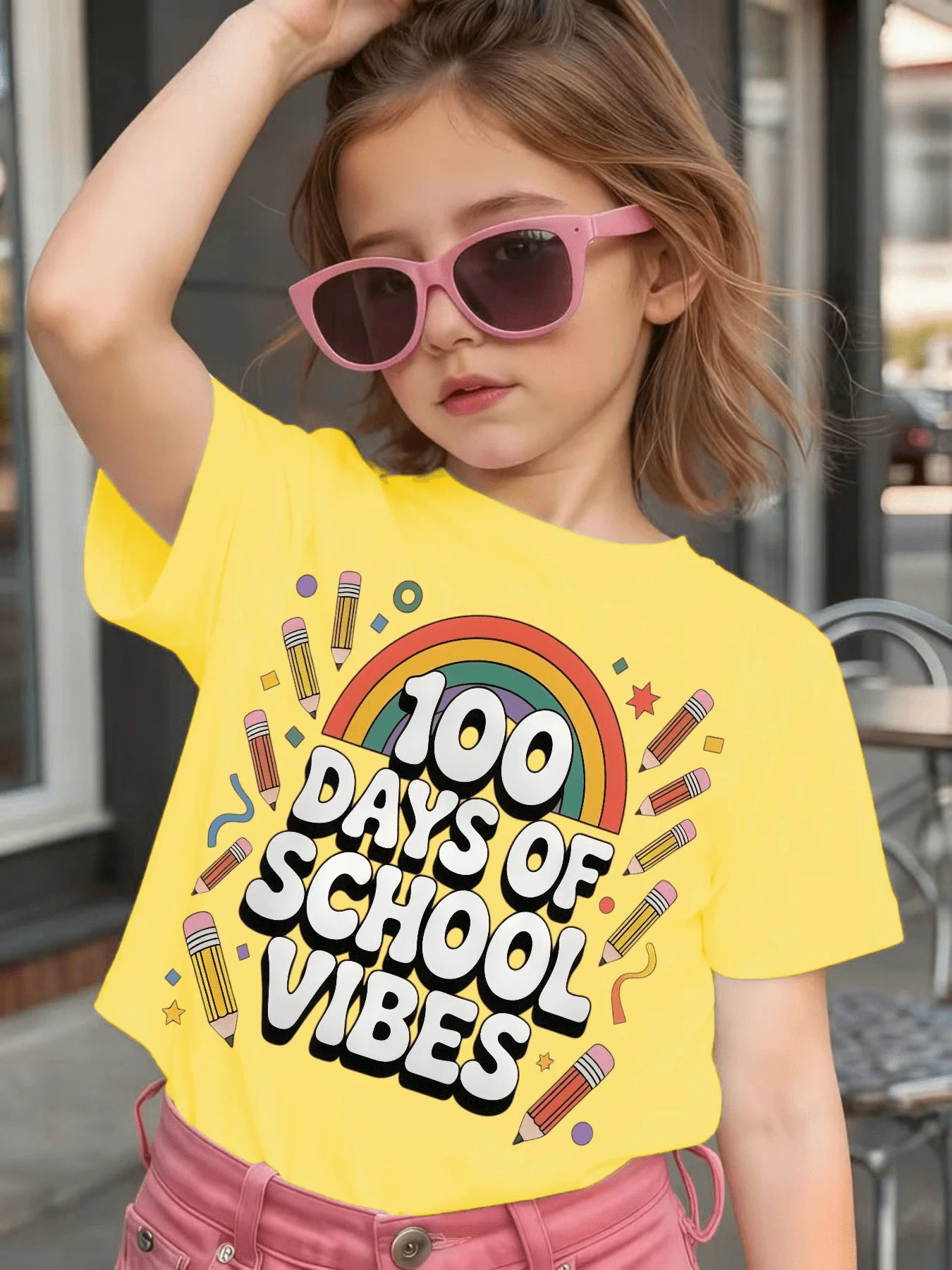 Rainbow Pencil 100 Days Of School Vibes T Shirt Boys Girls Family Matching Cotton Short Sleeve Casual Tees For Toddler Kids