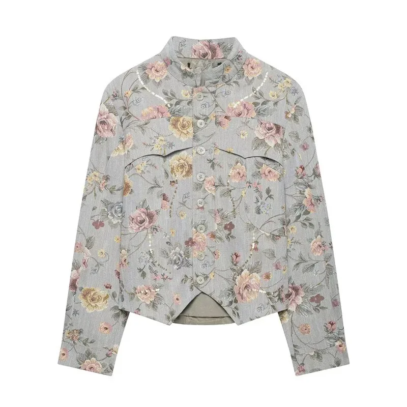 2026 Women S Cropped Jacket Floral Jacquard Stand Collar Outerwear Comfortable To Wear Perfect for Date Outfit
