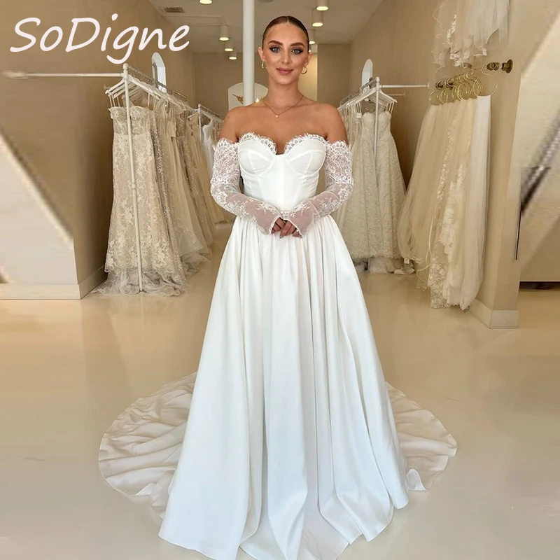 

SoDigne A-line Satin Wedding Dresses Sweetheart Lace Long Sleeves Bridal Dress Elegant Bride Gown vestidos de novia ﻿ ﻿