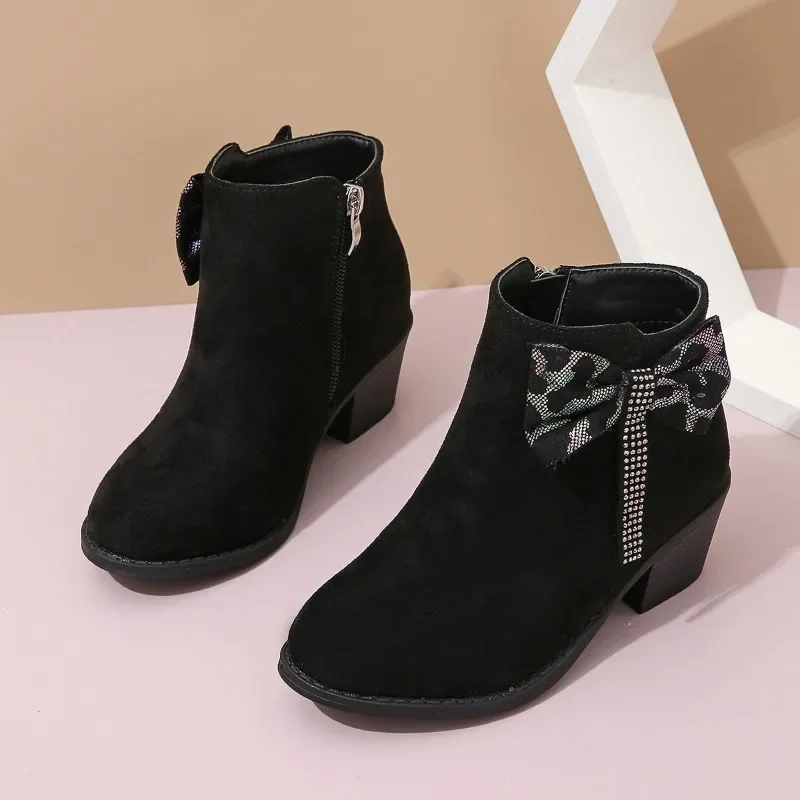 Elegant Girls Short Boots for Party Wedding Bow Rhinestones PU 2023 Children Mary Janes Side Zipper Fashion Kids Boots Low Heels